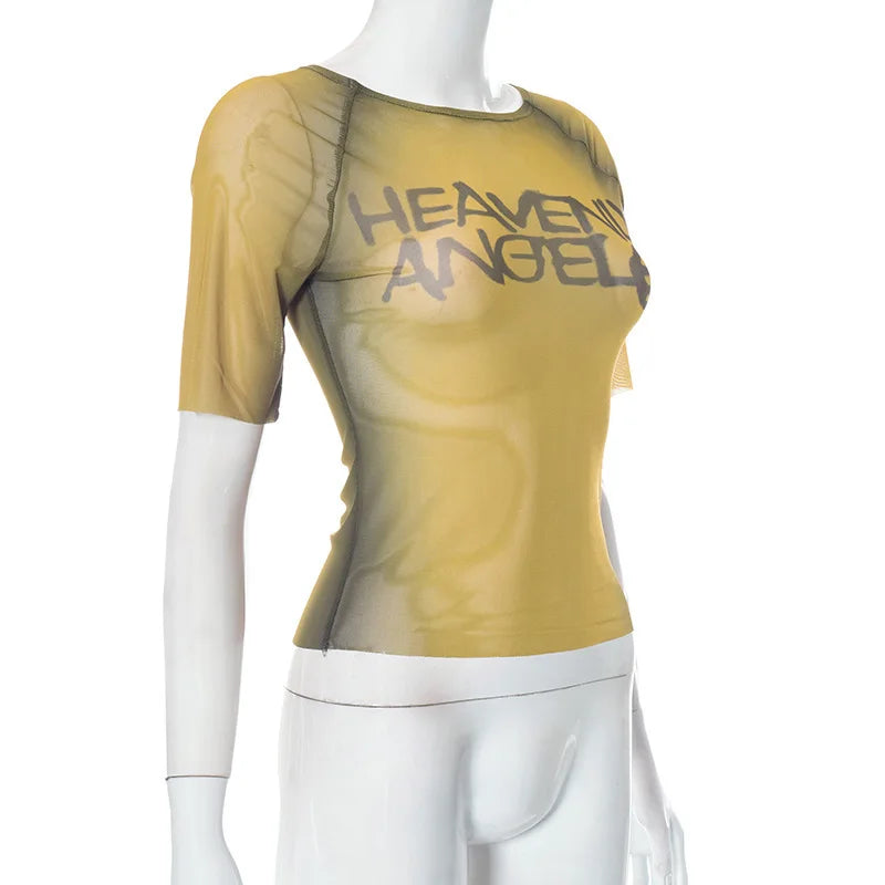 HLJ&GG American Vintage Fashion Letter Mesh See Though Two Piece Sets Women O Neck Short Sleeve Slim Crop Top And Pants Outfits