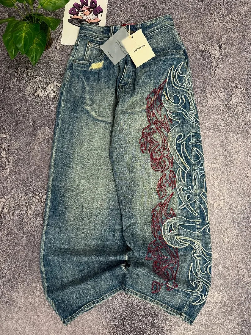 Y2K Embroidered Baggy Jeans Women Rock Hip Hop Retro Popular Casual High Waist Wide Leg Pants Streetwear New Fashion Big Pattern