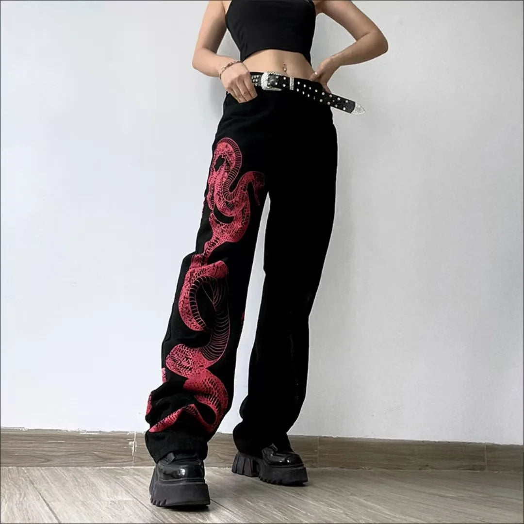 American Black New Retro Oriental Animal Print Fashion Loose Jeans Men And Women High Waist Hip-Hop Casual Straight Pants