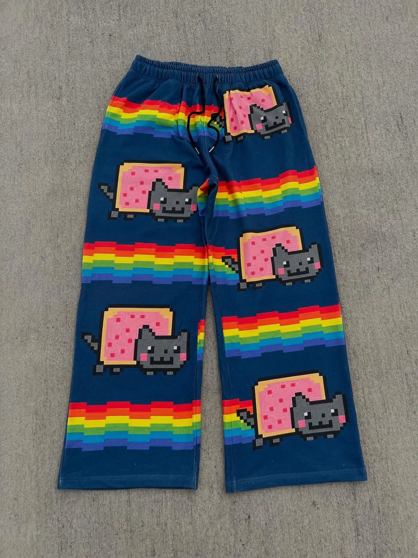 Rainbow Nyan Cat Pattern Y2K Loose and Versatile Wide Leg Pants American Street Dance Harajuku Style Elastic Men Jogging Pants