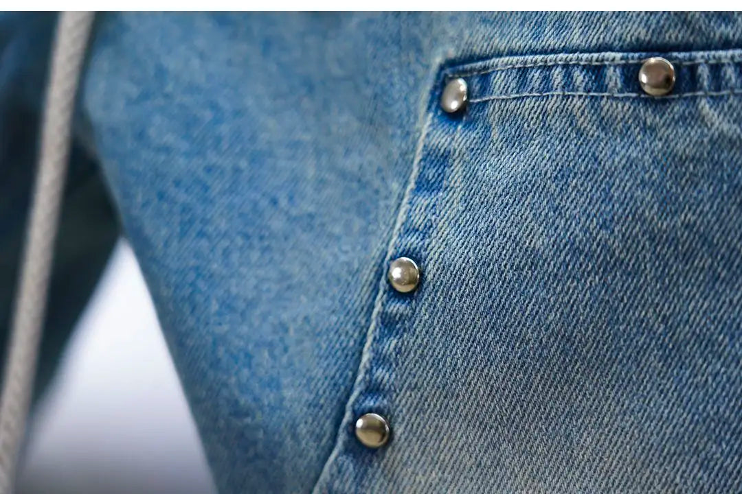 Men's distressed ripped drawstring and cuffed jeans with rivet embellishments high-street slim-fit trousers brand men clothing