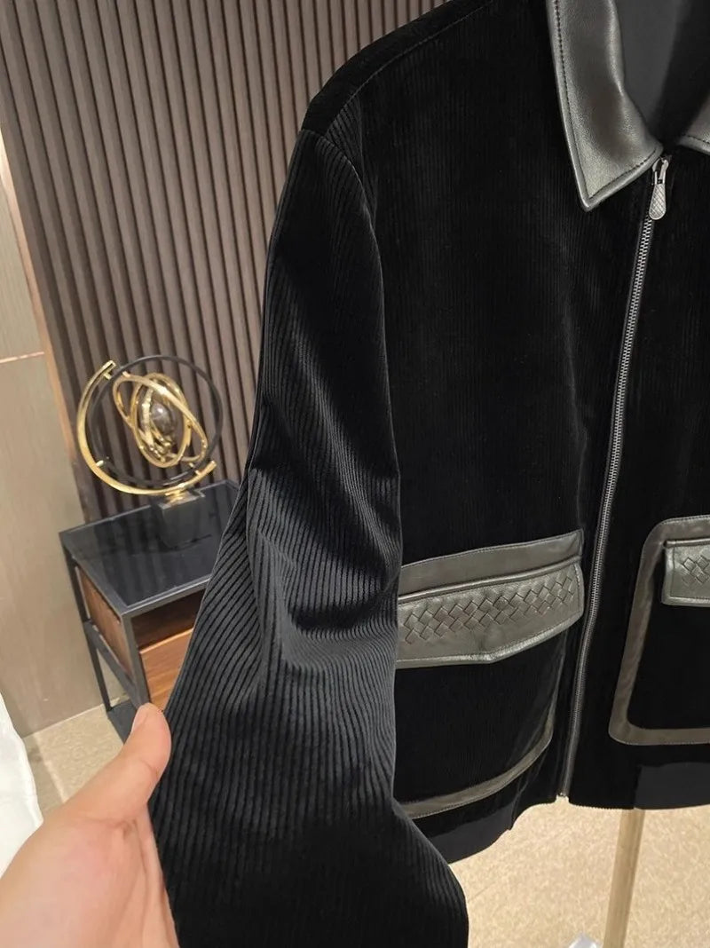 Design Business Mens Velvet Jacket Zipper Spliced Genuine Leather Casual Outerwear Loose Fit Long Sleeve Spring Autumn Men Coats