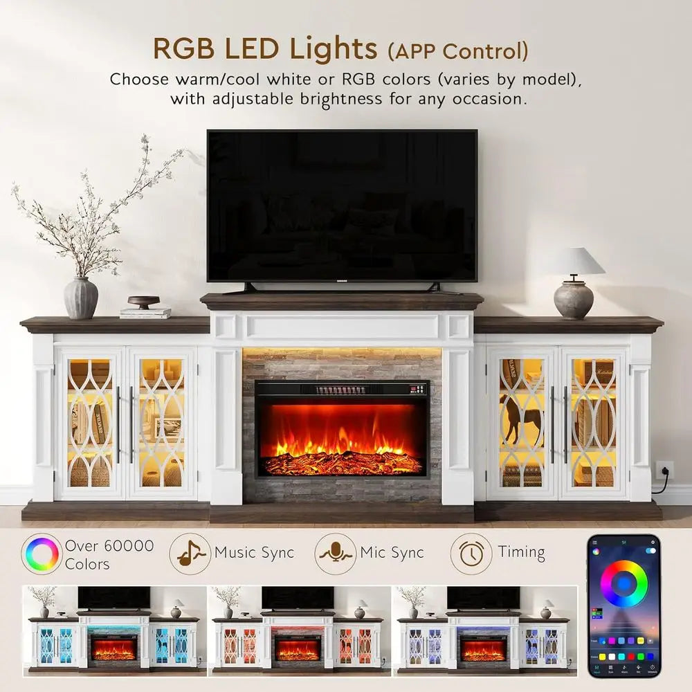 100 LED TV Stand with Outlet, Electric Fireplace, Mantel, Entertainment Center, 30 Heater Insert, 3D Flame Effect, Customized