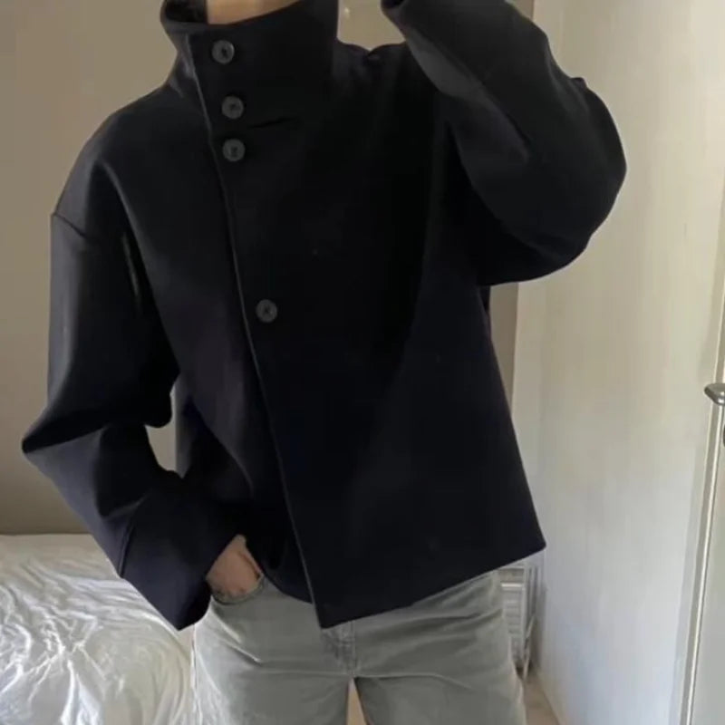 Urban Black Woolen Blend Coats Women Stand Collar Single-breasted Long Sleeve Thick Warm Jacket 2025 Autumn Winter Lady Outwear