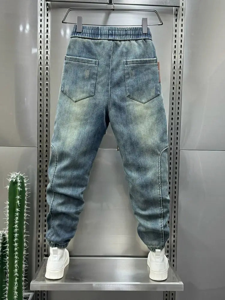 Retro stitching blue classic jeans fashion street harem pants top designer brand men clothing