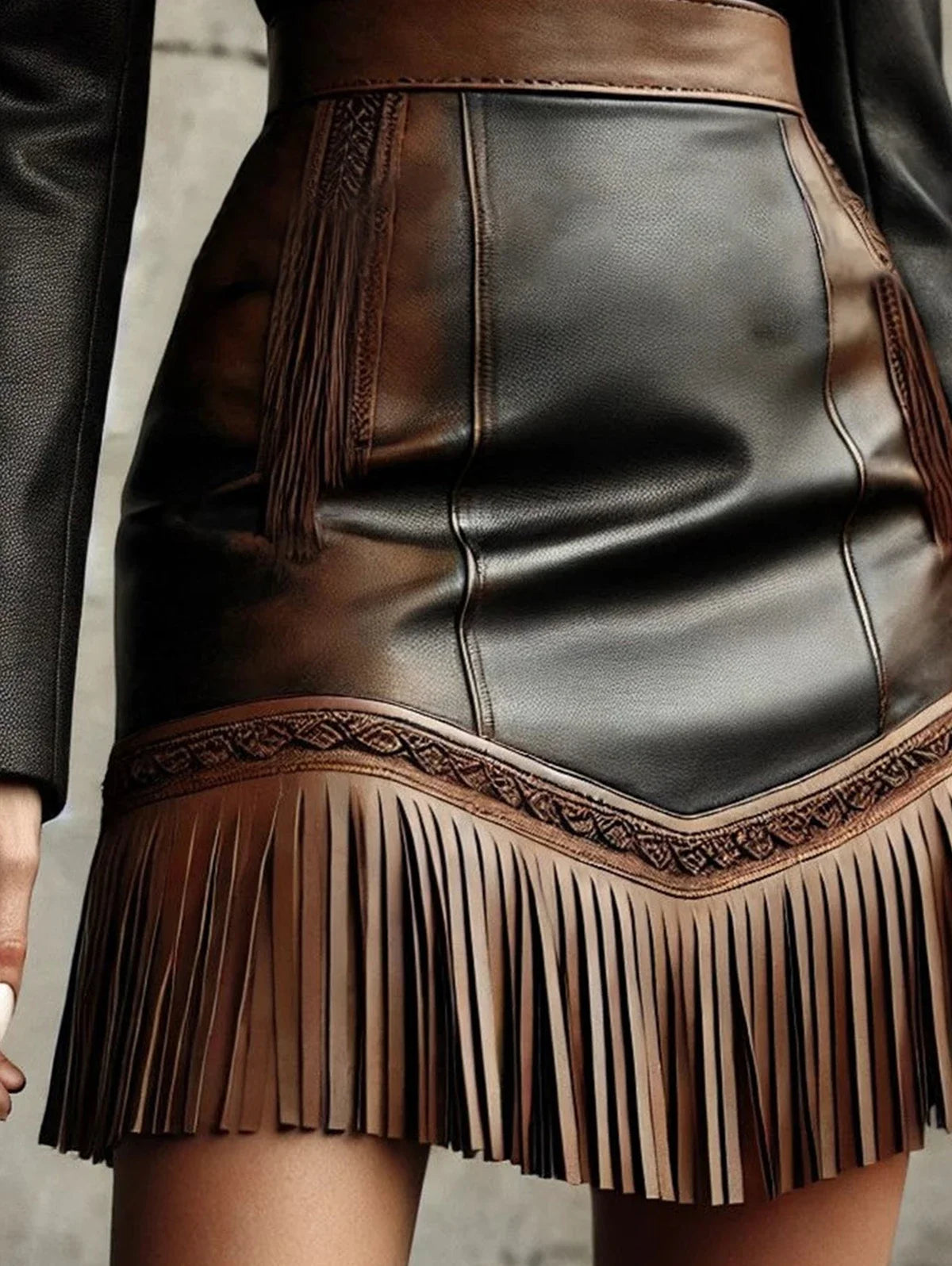 Vintage Western Fringe Hem Mini Skirt Fashion Women's Skirt  PU Leather Slim Fit High Waist Skirt Streetwear Short Skirts