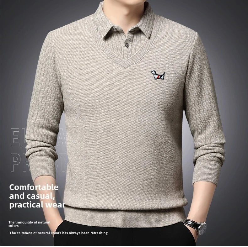 Hot Sales Cartoon Dog Embroid Men's Sweater Lapel Thicken Knit Pullover Winter Design Quality Fake Two Pieces Warm Men's Wear