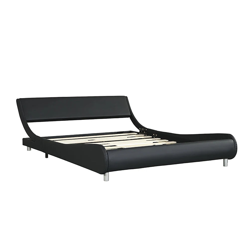 Faux Leather Bed Frame: LED (Remote+APP), Curve, Wood Slat, No Box Spring, Queen Black