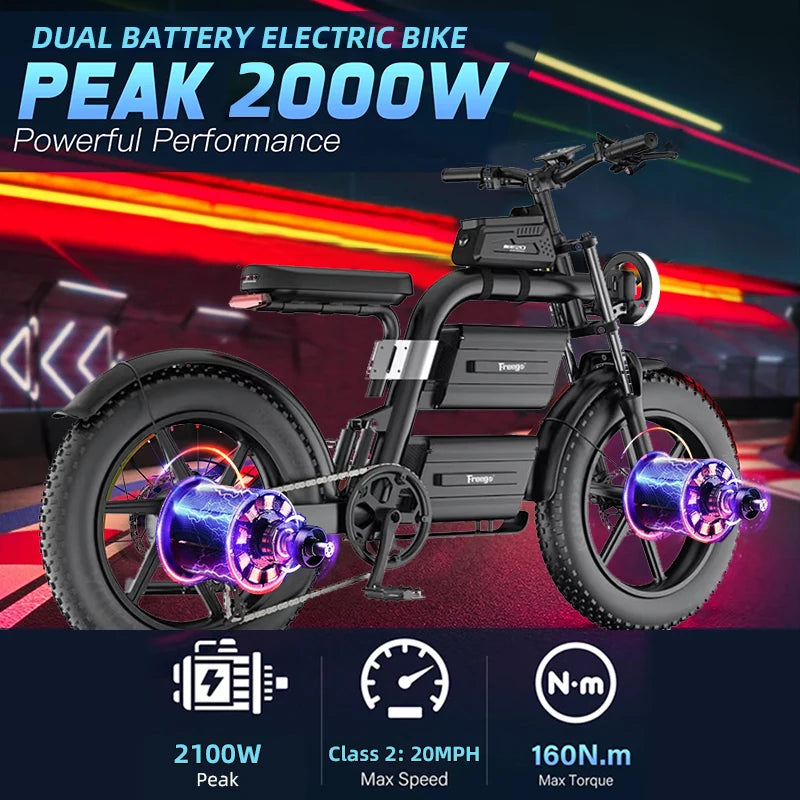 FREEGO Electric Bike for Adults 2100W Peak 40Ah Dual Battery  37MPH Off Road Fat Tire Electric Motorcycle with Full Suspension