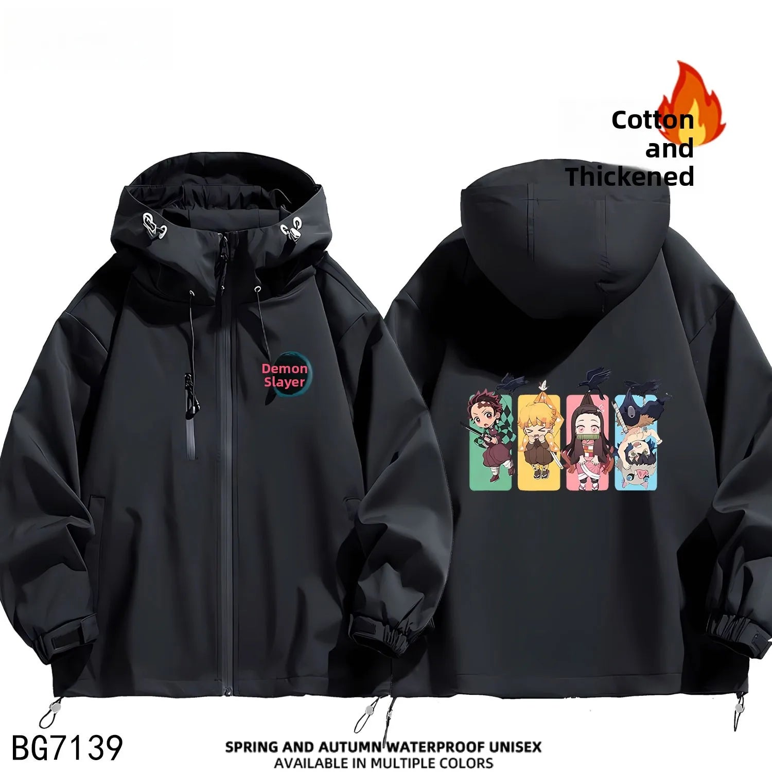 Ruike Men's Thiened Cotton Hooded Jaet Casual Outdoor Waterproof Spring Autumn Winter Anime Ghost Slayer Coat Jaet