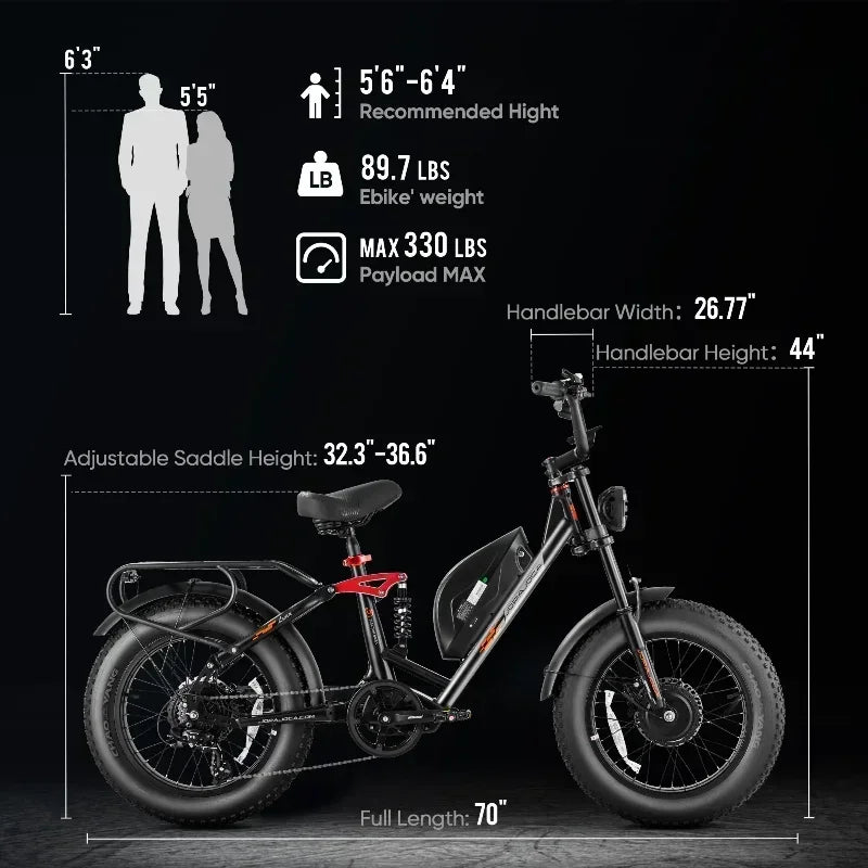Electric bicycle 1000W motor 48V 20AH lithium battery Electric bike 20 inch tire full suspension system Urban commuting e-bike