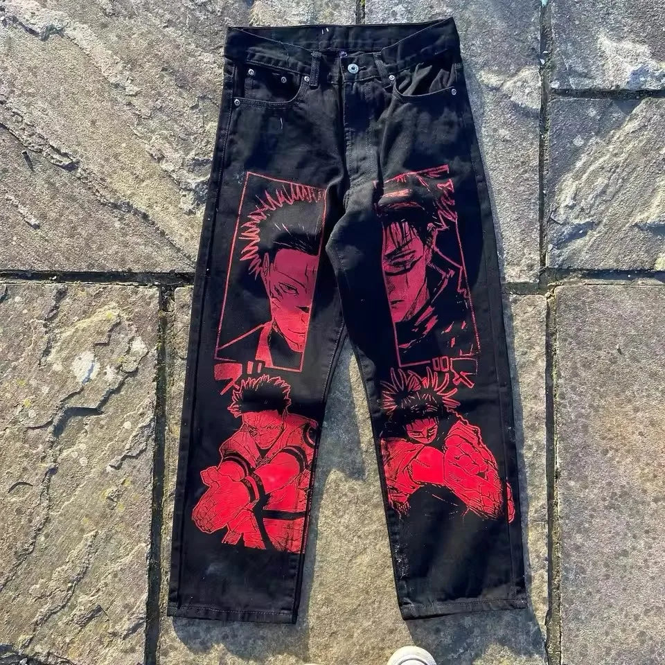 New Trend Printed Demon Slayer One Piece Jujutsu Kaisen Anime Characters Teen Loose Casual Jeans Japanese Retro Straight Jeans