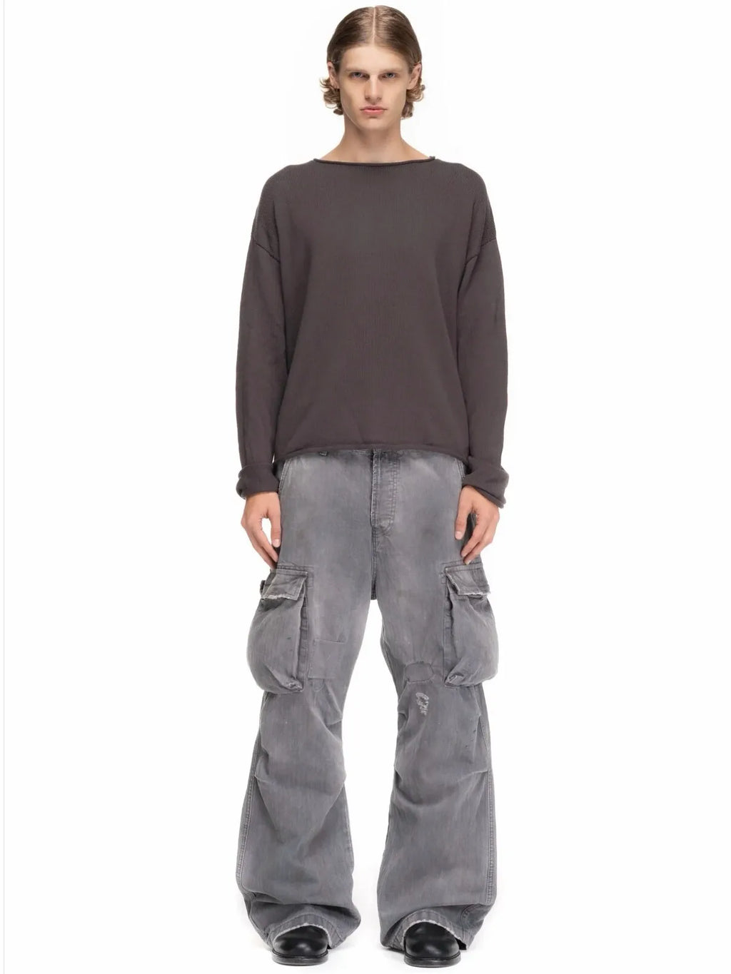 No faith studios herringbone twill grey ripped patch paint multi-pocket overalls