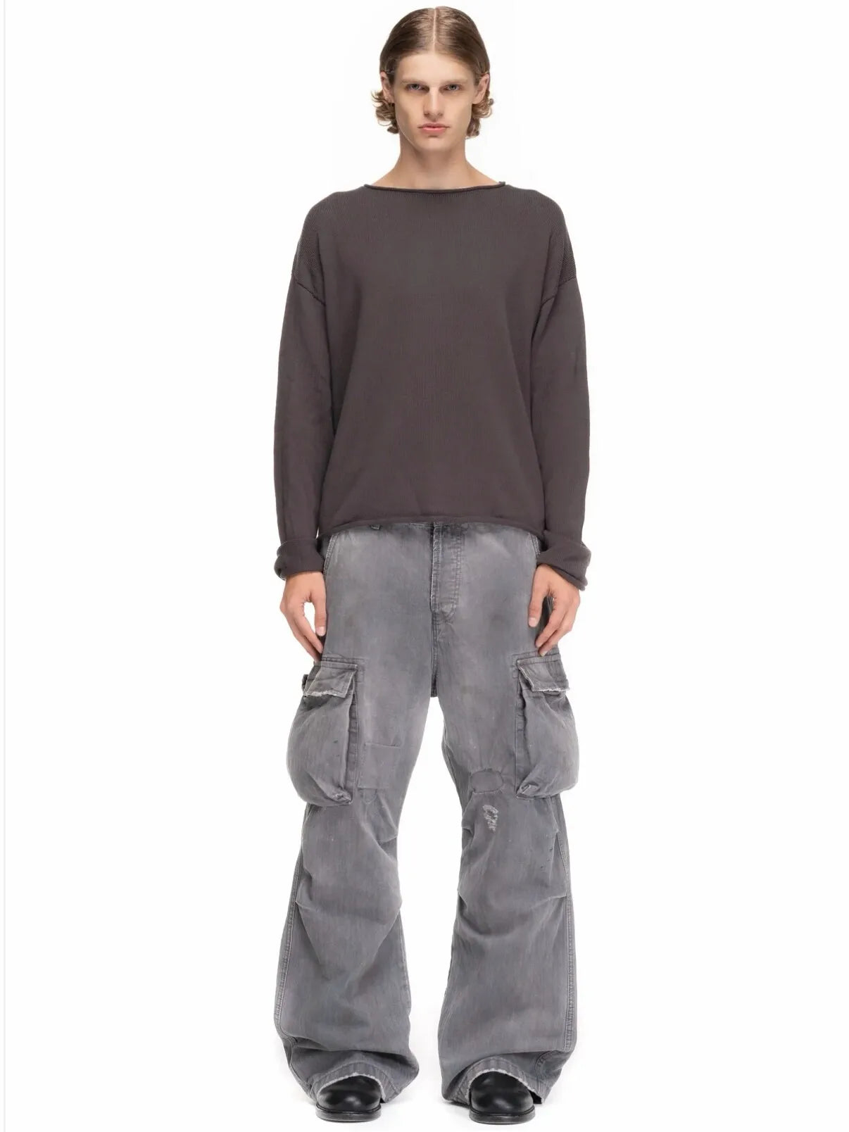 No faith studios herringbone twill grey ripped patch paint multi-pocket overalls