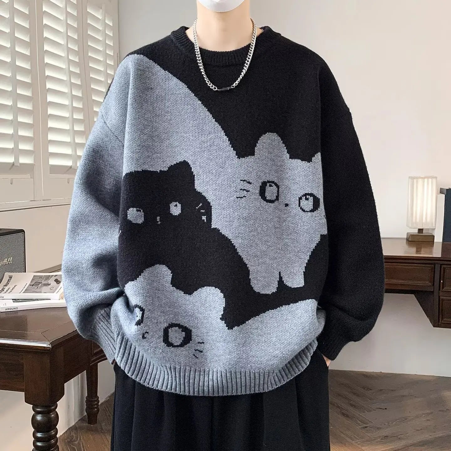 Men Winter Oversized Warm Sweater M-6XL Japannese Cartoon Anime Knitted Sweater Hip Hop Quite Pullover Women Home Fashion Top