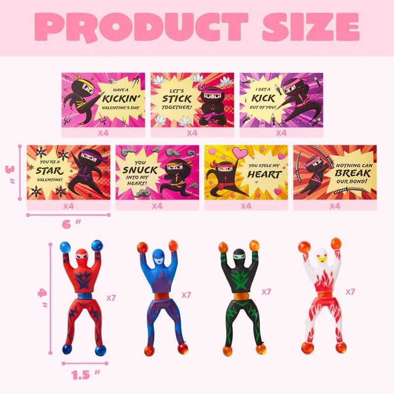 JOYFY 30 Pcs Valentines Day Sticky Wall Climbing Men Ninja with Gifts Cards Stress Relief Toys for Kids Valentines Party Favor