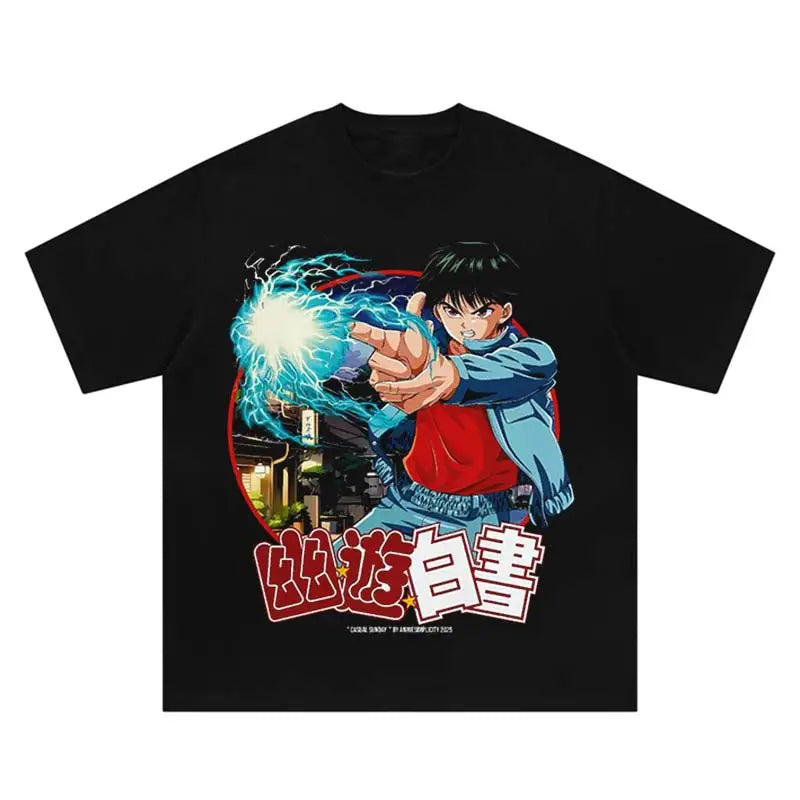 Harajuku Fashion Anime 2025 Oversized Vintage T-Shirt Trend Hip Hop Printed Streetwear Washed Leisure Cotton Loose Men Tshirt