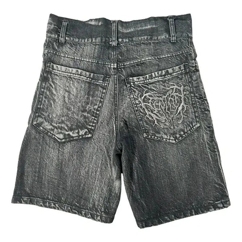 Goth Retro Men Baggy Unisex Short Pants Y2K Phantom Jeans High Street Spider Embroidered Patch Hip Hop Streetwear Straight Jeans