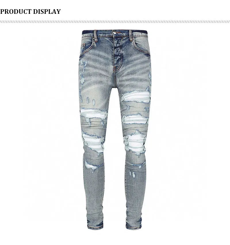 European and American designers fashion new men's jeans stretch slim fit retro light blue patchwork white patch jeans high stree