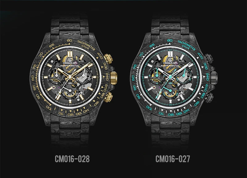 CRONUSART Men Chronograph Watch 42mm Automatic Mechanical Wristwatch Carbonfiber Case & Bracelet Luminous Sapphire Skeleton Dial