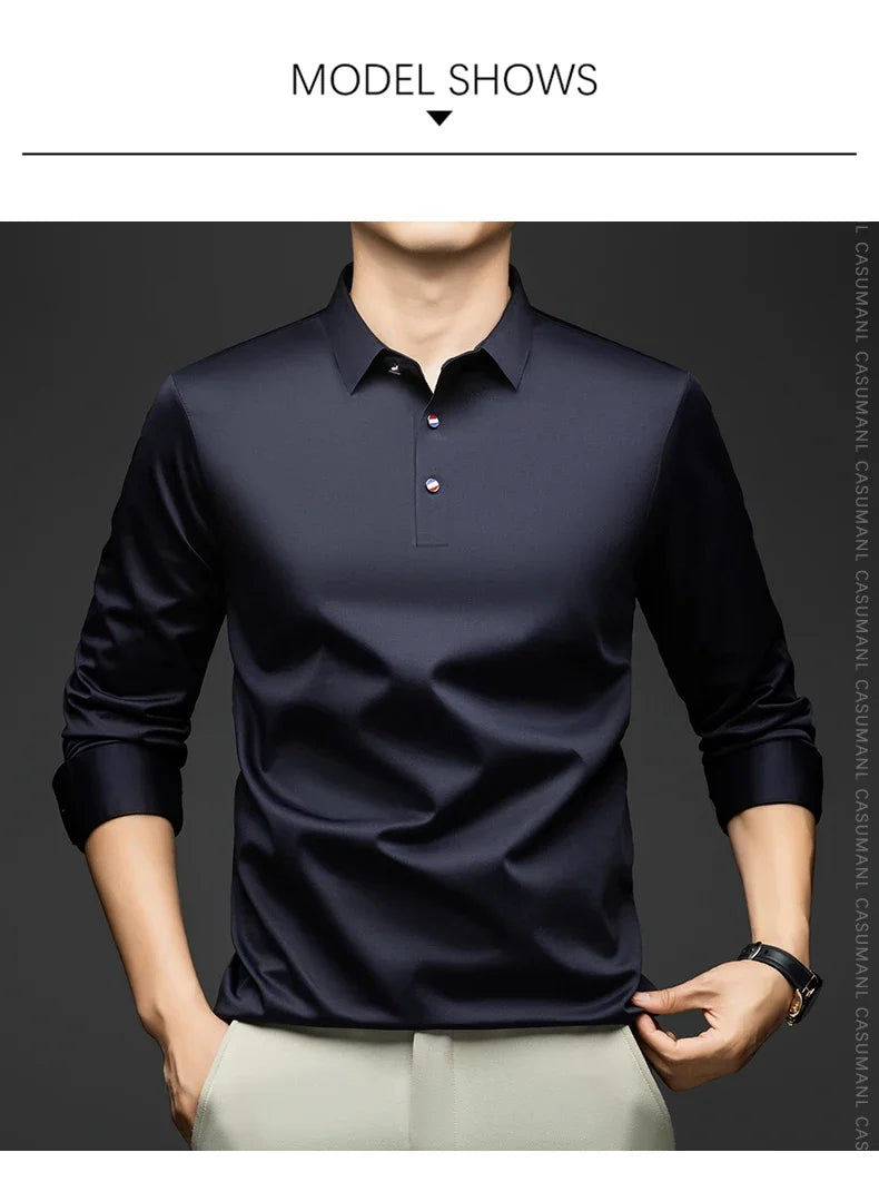 BROWON 2025 Spring Autumn Casual Work Tops Man Tshirt Long Sleeve Solid Color Soft Elegant Business Mulberry Silk T Shirt Man