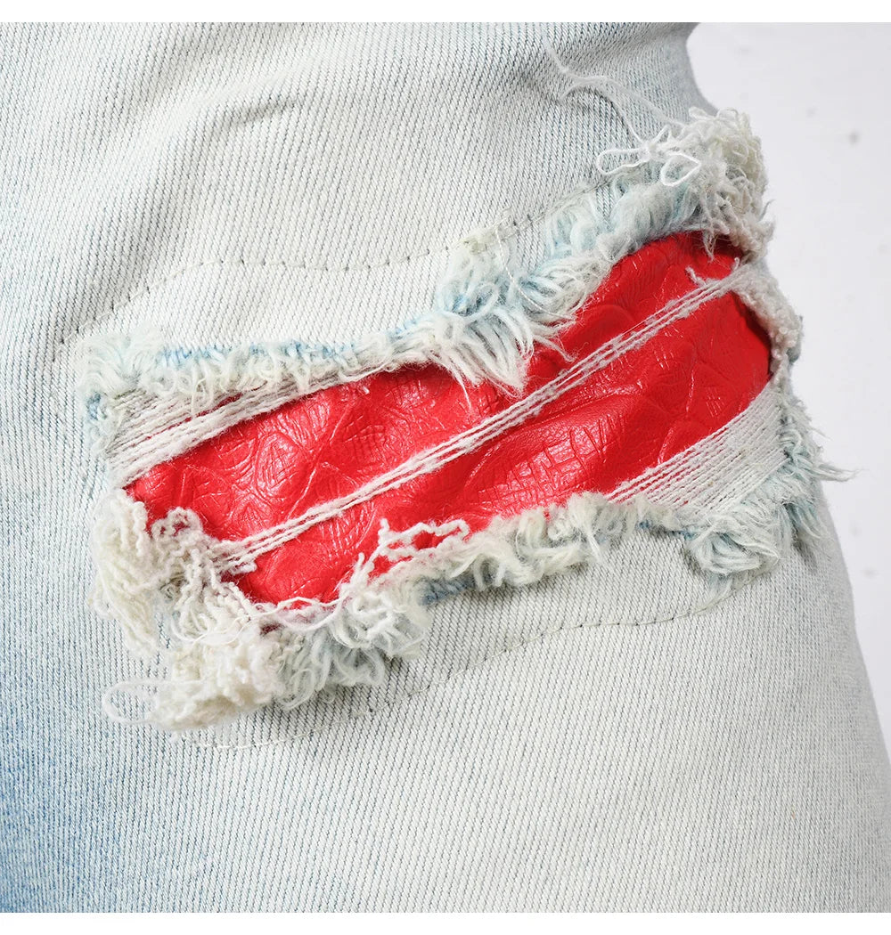 Men's Snake Embroidery Skinny Jeans Streetwear Red Leather Patch Pants Holes Ripped Distressed Denim Tapered Trousers