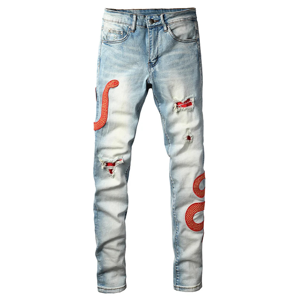 Men's Snake Embroidery Skinny Jeans Streetwear Red Leather Patch Pants Holes Ripped Distressed Denim Tapered Trousers