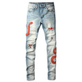 Men's Snake Embroidery Skinny Jeans Streetwear Red Leather Patch Pants Holes Ripped Distressed Denim Tapered Trousers