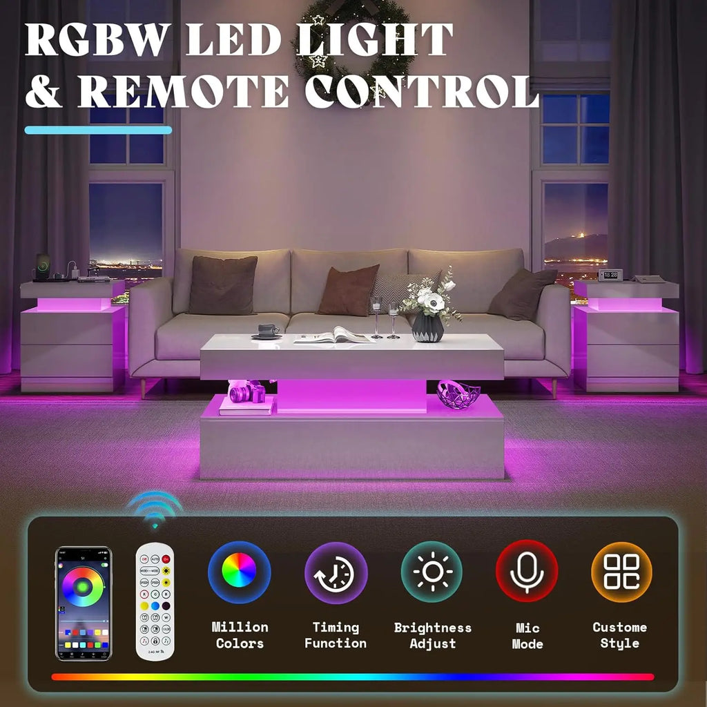 80" Fireplace TV Stand High Gloss 4-Piece Living Room Table Set LED Coffee End Table White Customized