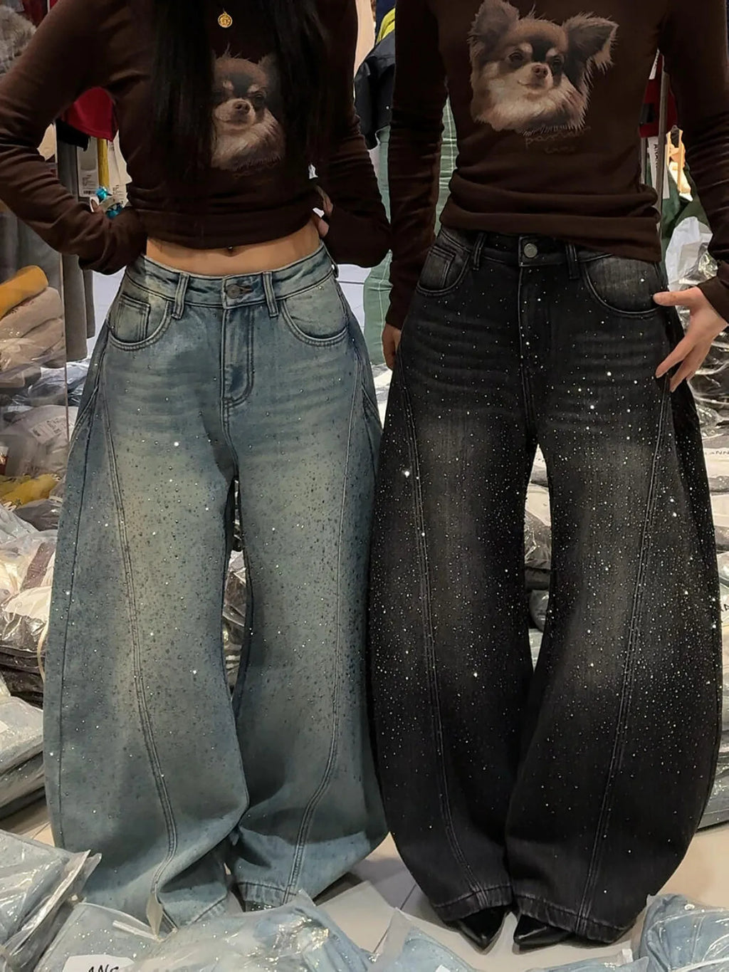 Glittering Rhinestone Denim Pants for Women's New Wide Leg Design Jeans Sensation Floor-Length Pants Loose Jeans