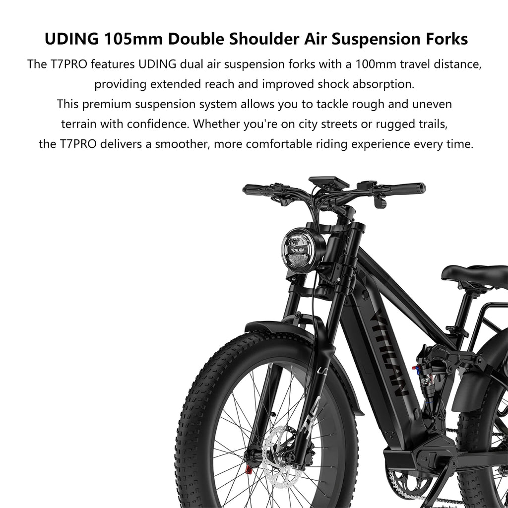 Vitilan T7PRO Full Suspension Mountain E-bike for Adults 1600W Peak Brushless Motor 35mph 52V20Ah E-Bike 90 Nm Electric Bike