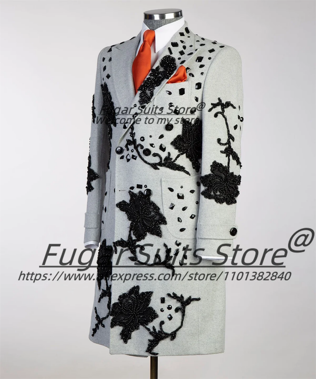 3D Beading Luxuly Long Male Blazers Slim Fit Peak Lapel Groom Wedding Tuxedos Business Men Suits 2 Pcs Fashion Costume Homme