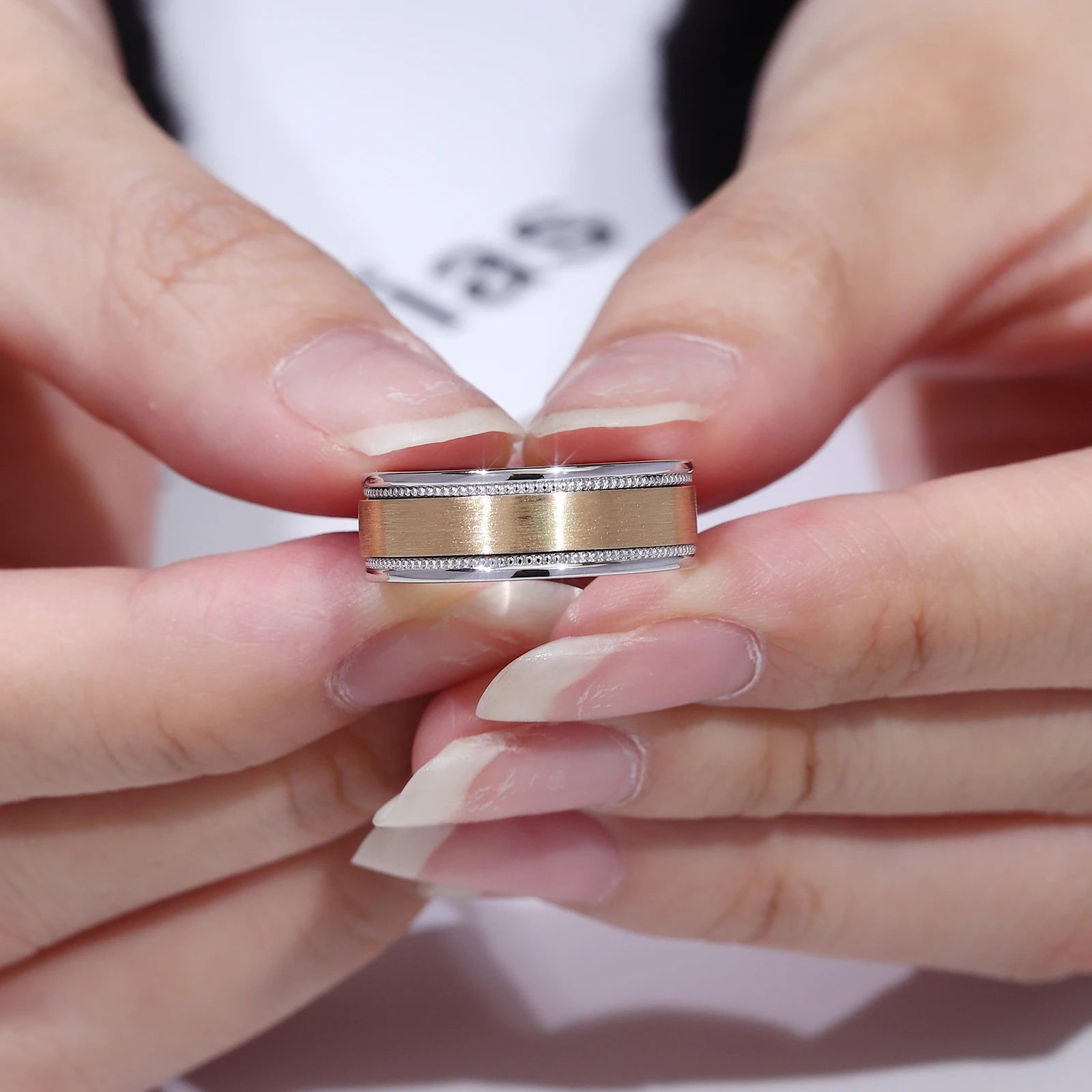 Provence Classic Plain Ring 14K18K Yellow white two color Solid Gold for Men Wedding Satin Finish milgrain Design Custom