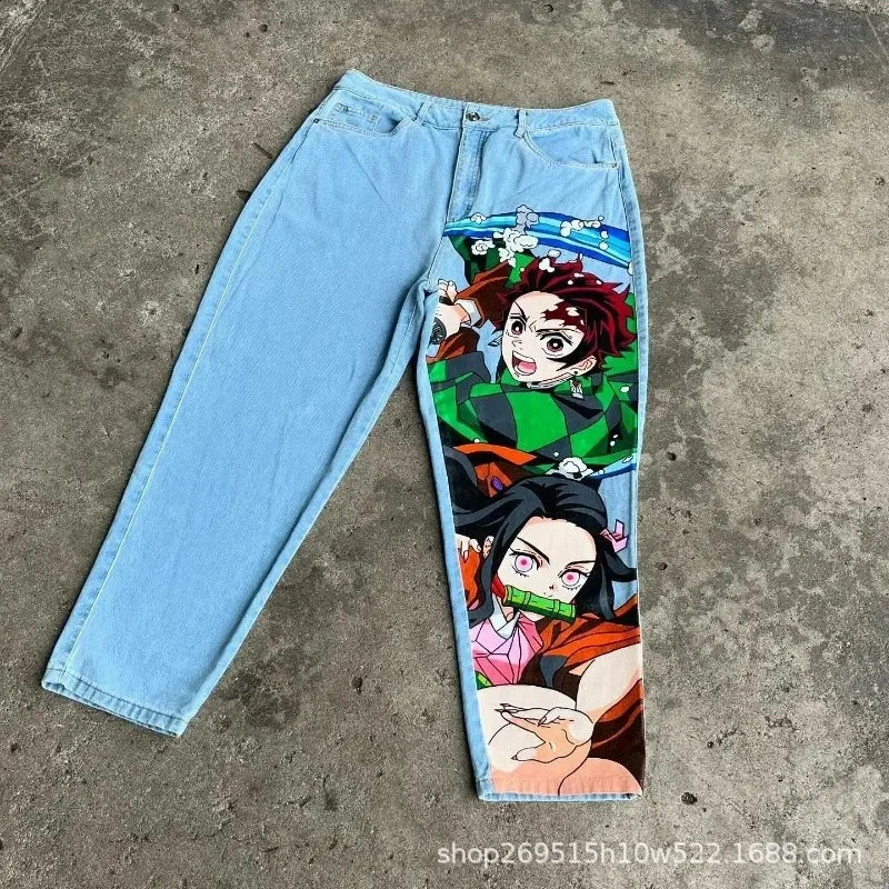 New Trend Printed Demon Slayer One Piece Jujutsu Kaisen Anime Characters Teen Loose Casual Jeans Japanese Retro Straight Jeans