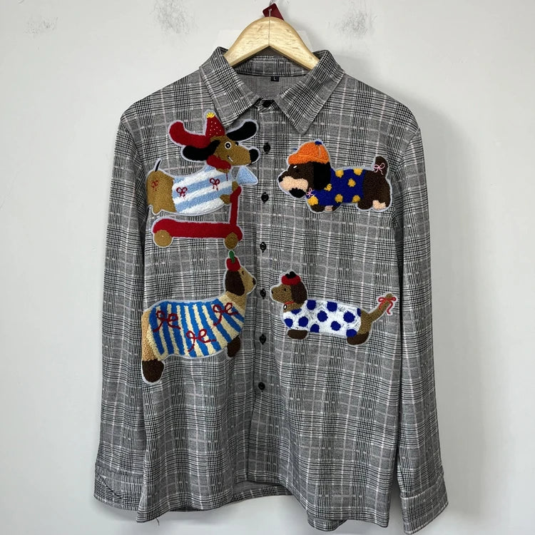 PFHQ Fashion Men's Shirt Cartoon Towel Embroidered Decoration Plaid Design Loose Personality Versatile Male Shirt Tide 21P2205