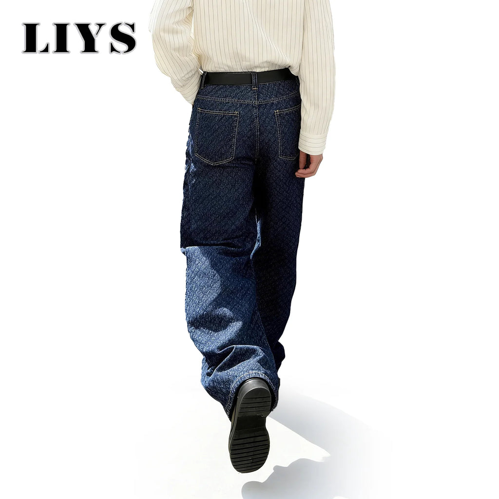 LIYS Trendy Japanese-Korean Jacquard Blue Baggy Straight Leg Jeans American Retro Daily Casual  Wide-leg Denim Pants Unisex