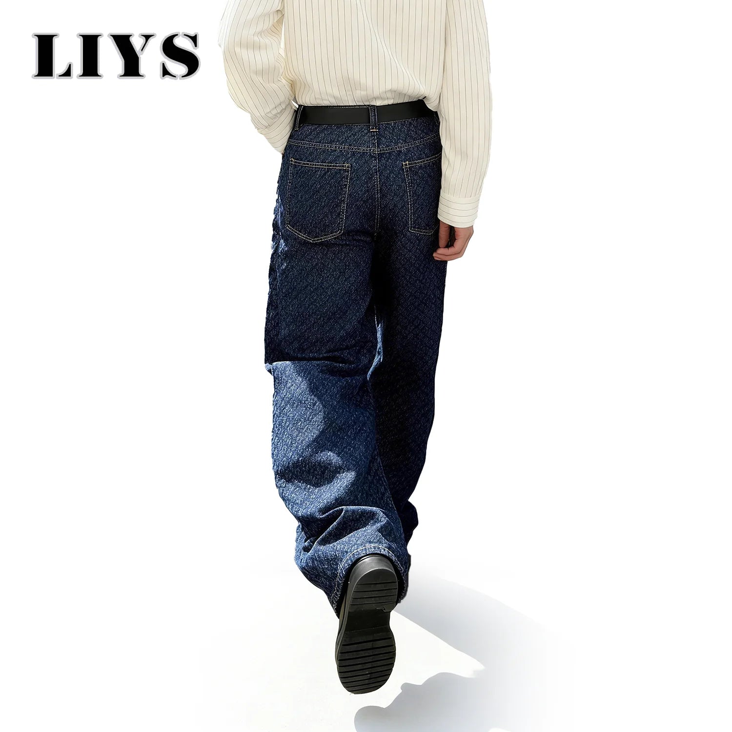 LIYS Trendy Japanese-Korean Jacquard Blue Baggy Straight Leg Jeans American Retro Daily Casual  Wide-leg Denim Pants Unisex