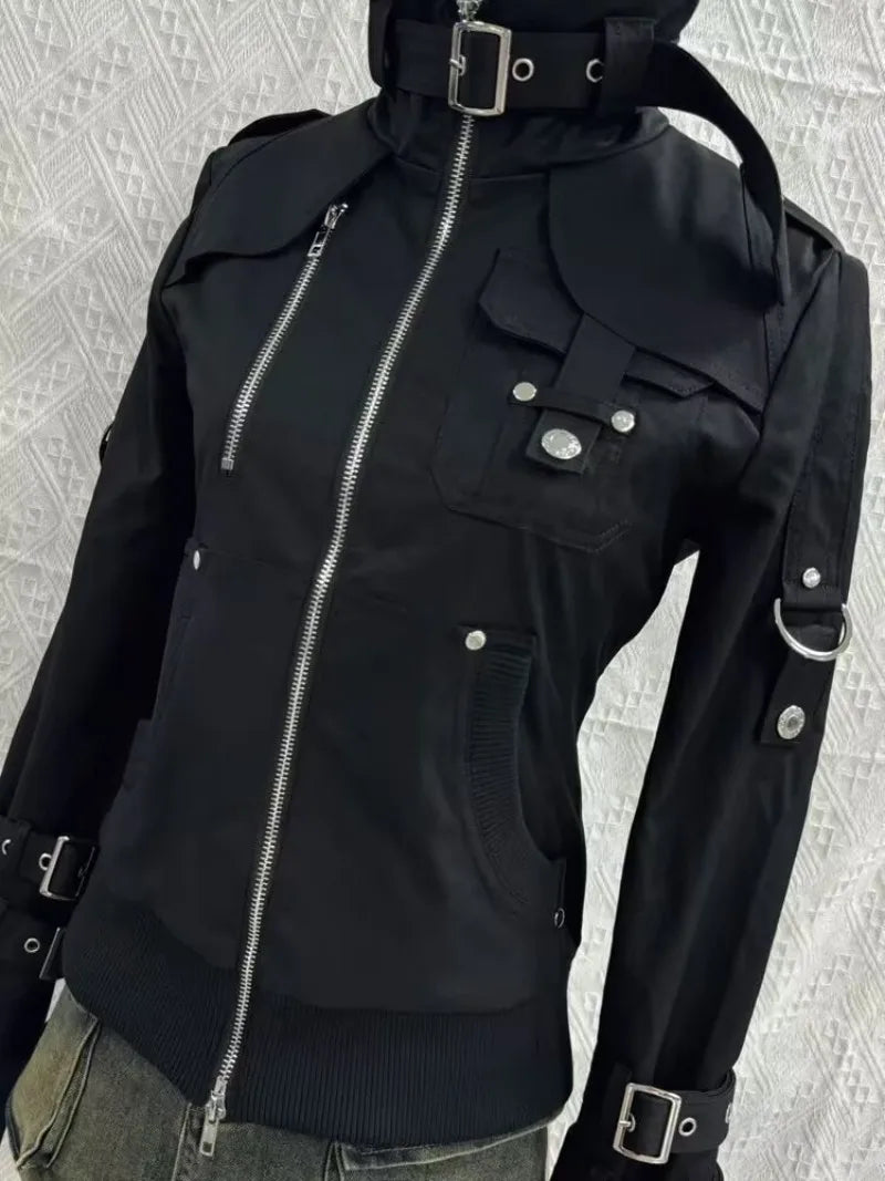 Retro Gothic Style Jackets for Women Japanese Cool Black Stand Up Collar Motorcycle Jackets 2025 Autumn New Harajuku Clothes