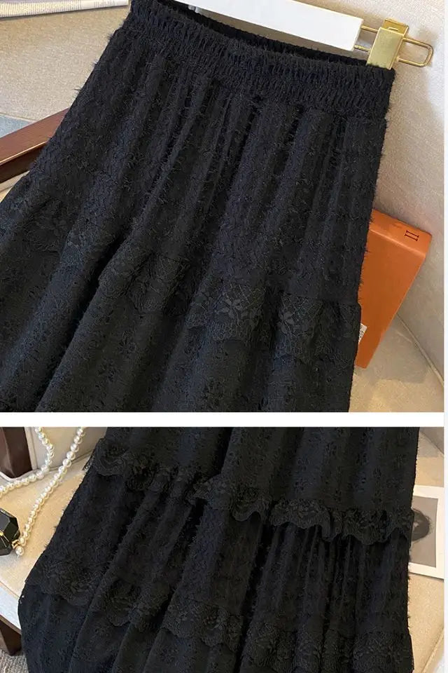 Lace Skirts Women French Style Ankle-length High Elastic Waist Hollow Out Patchwork New Loose Slim Korean  A-line Sweet Fit