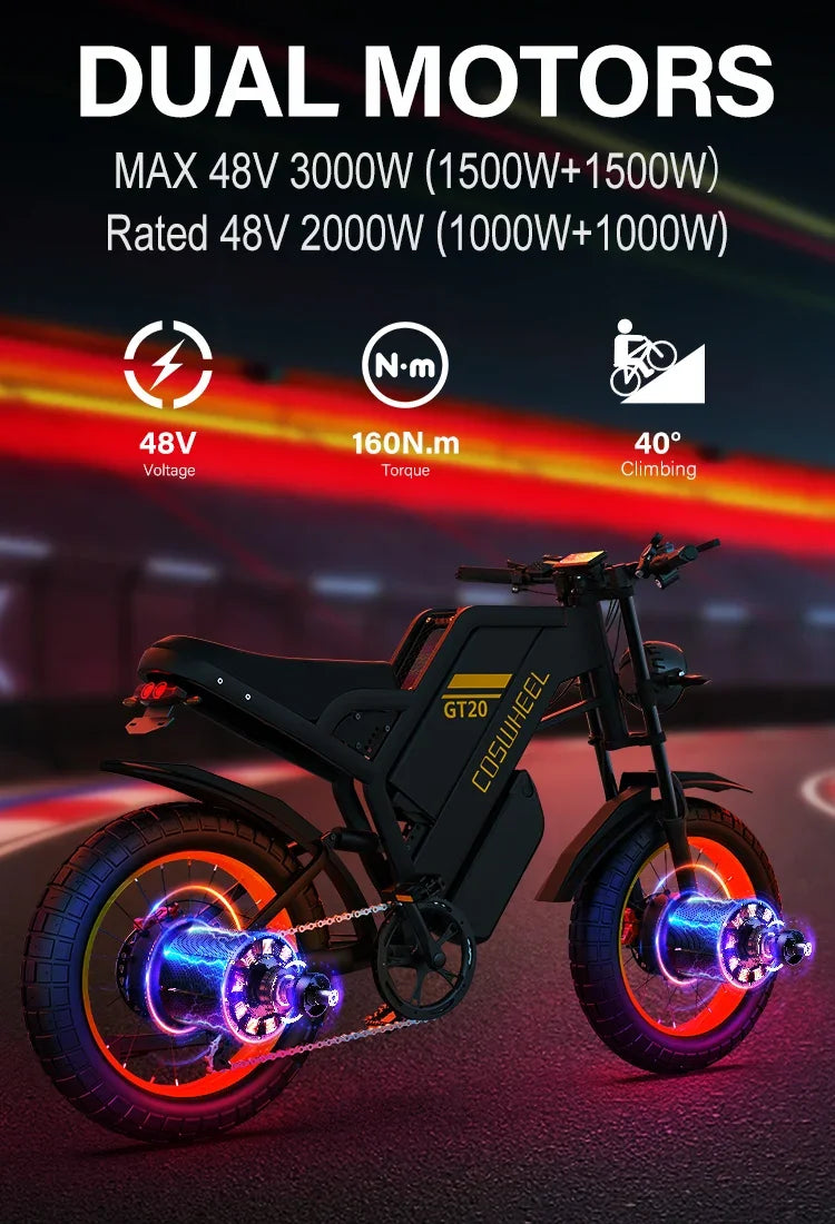 COSWHEEL GT20 Pro Dual Motors E-Mountain bike For Adult 48V 25+15Ah Dual Batteries Dual suspension 20" Fat Tire Off-Road E-bike