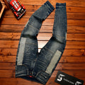 Fashionable high-end jeans for men, slim fit, small feet, washed retro patchwork design, trendy and luxurious men's pants