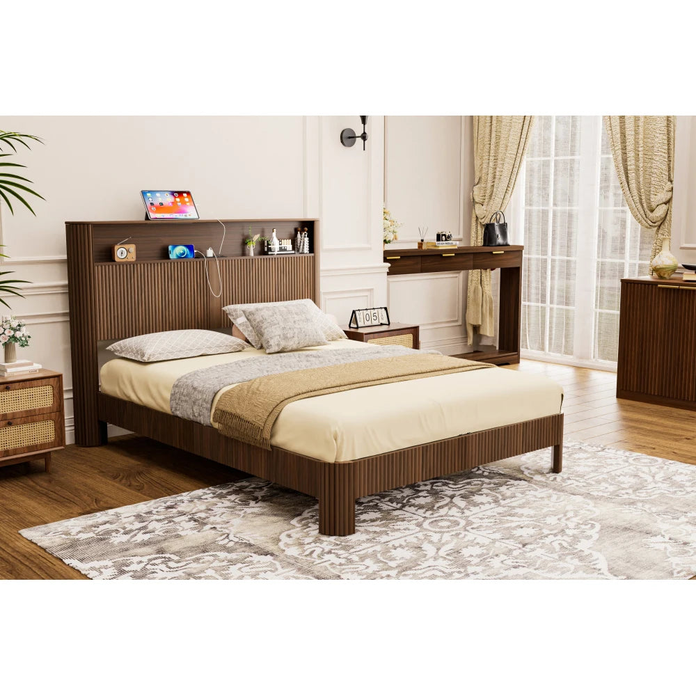 Queen-size slatted bed frame with storage, built-in charging ports, wave-shaped design, and metal support structure, Walnut