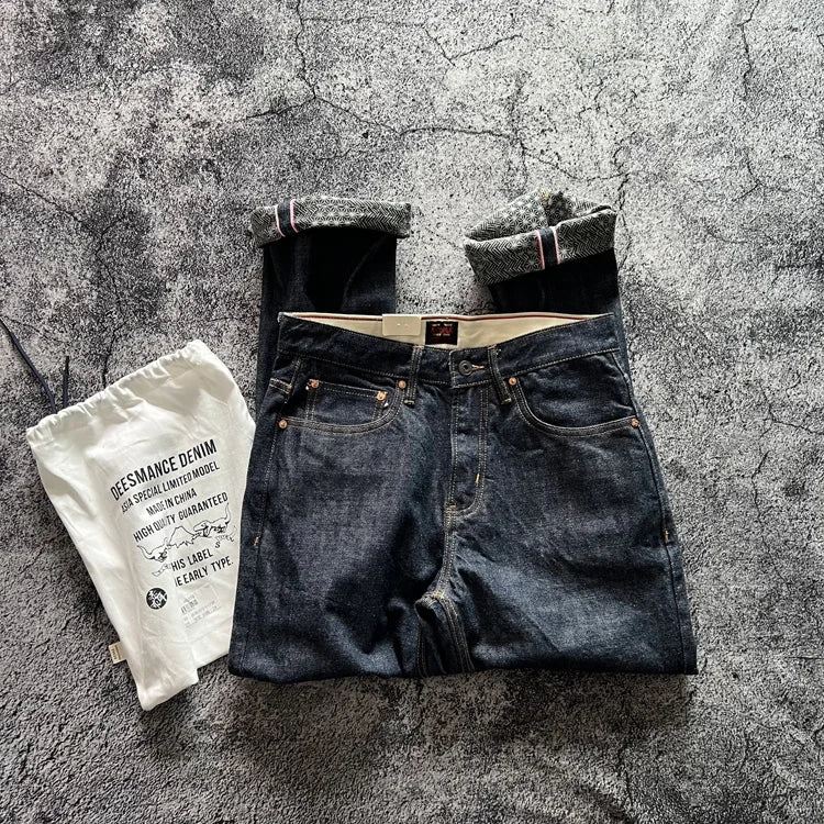 15oz Heavyweight Thick Selvedge Indigo Denim Jeans Sakura Ruffle 2025 Spring 100% Cotton Loose Straight Pants Japanese Men