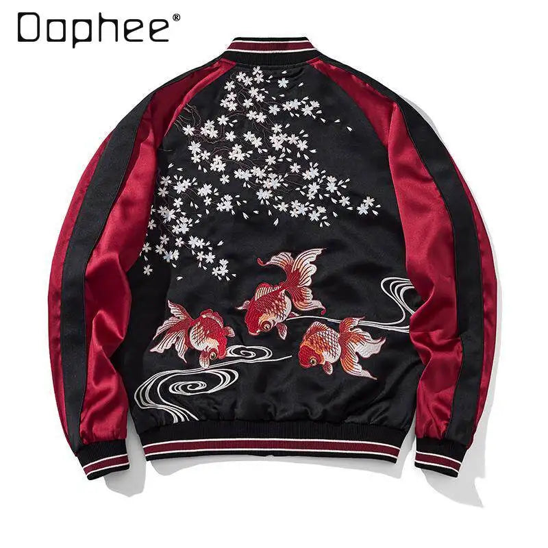 Cherry Blossom Embroidered Jacket Boys Top Spring and Autumn Japanese Sukajan Koi Fish Sakura Embroidered Satin Bomber Jacket