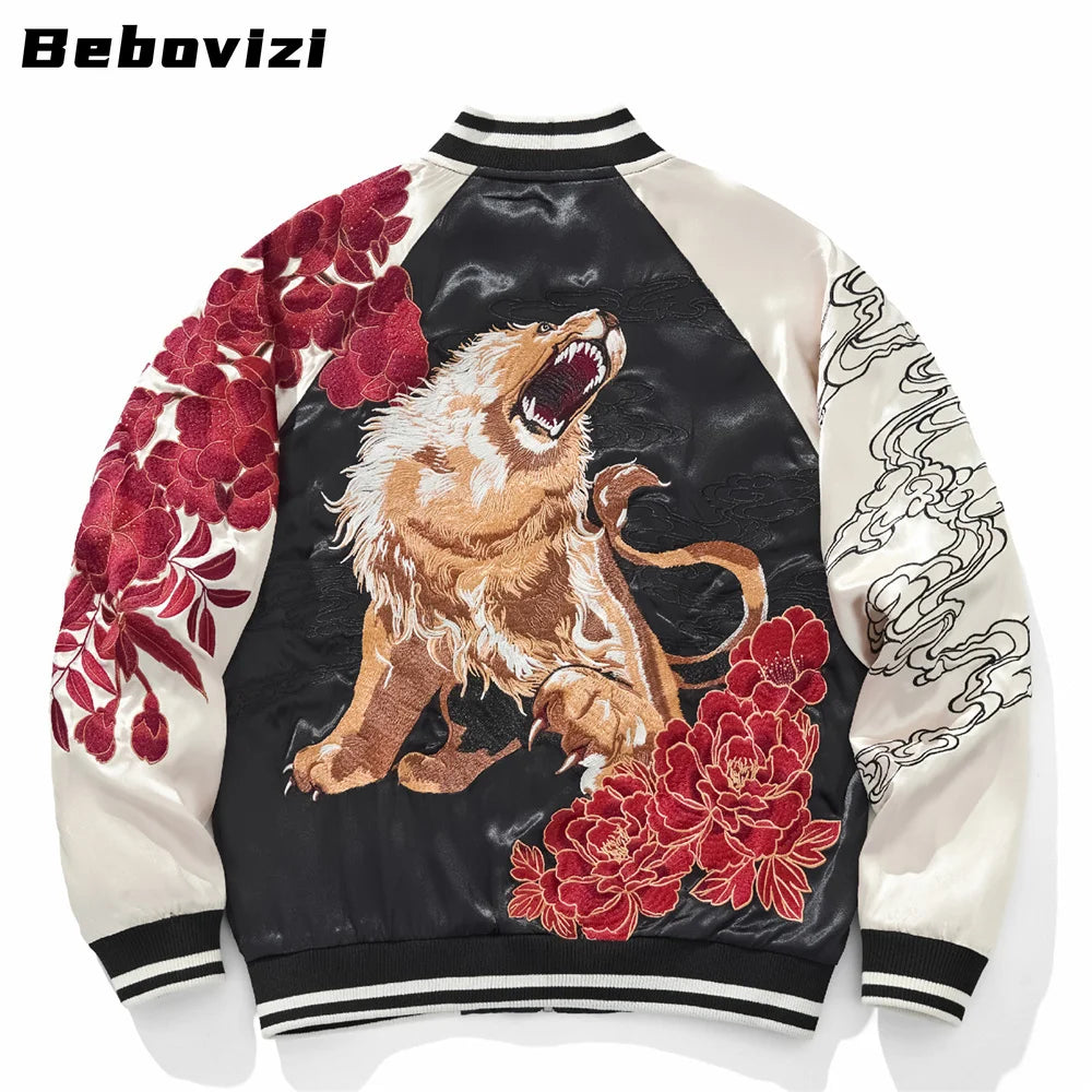 Fashion Anime Lion Flower Embroidered Zipper Jacket Streetwear Hip Hop Men's Harajuku Japanese Baseball Coat Bomber Jacket