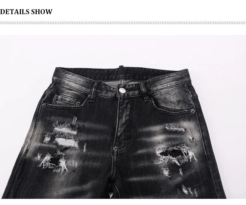 Street Fashion Men Jeans Retro Black Gray Elastic Stretch Slim Fit Hole Ripped Jeans Men Patched Designer Hip Hop Brand Pants