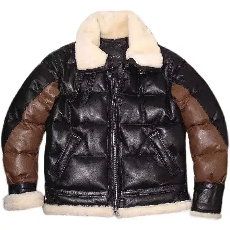 2024 Men's Winter Fashion Duck Down Coat Genuine Leather Sheepskin Cow Jacket for Male Brown Black Patchwork Plus Oversized 4XL