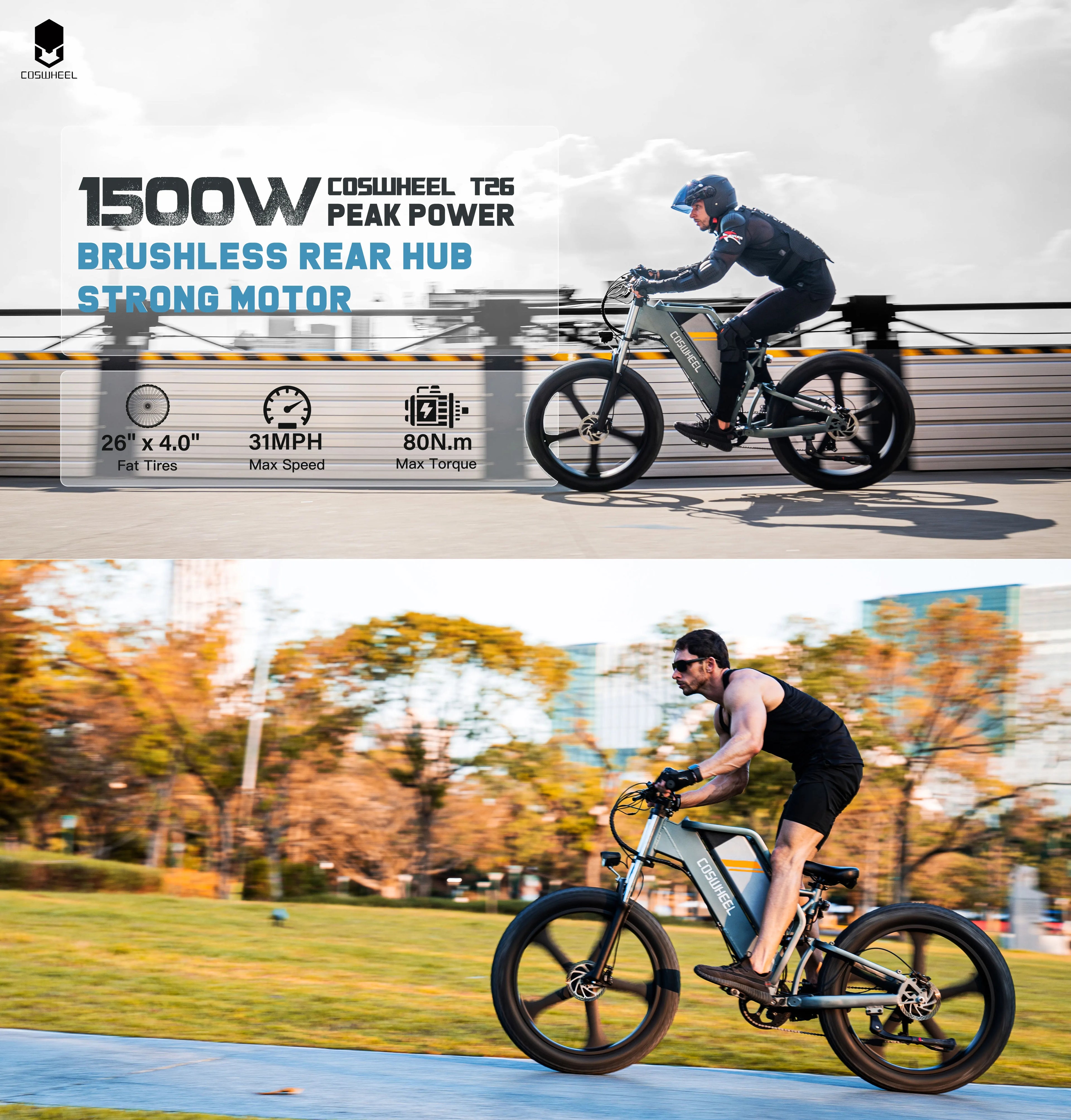 COSWHEEL T26 Electric Bicycle 1500W Ebike Powerful motor 48V25AH lithium battery adult Electric Bike 26*4 Inch Fat Tire E-bike