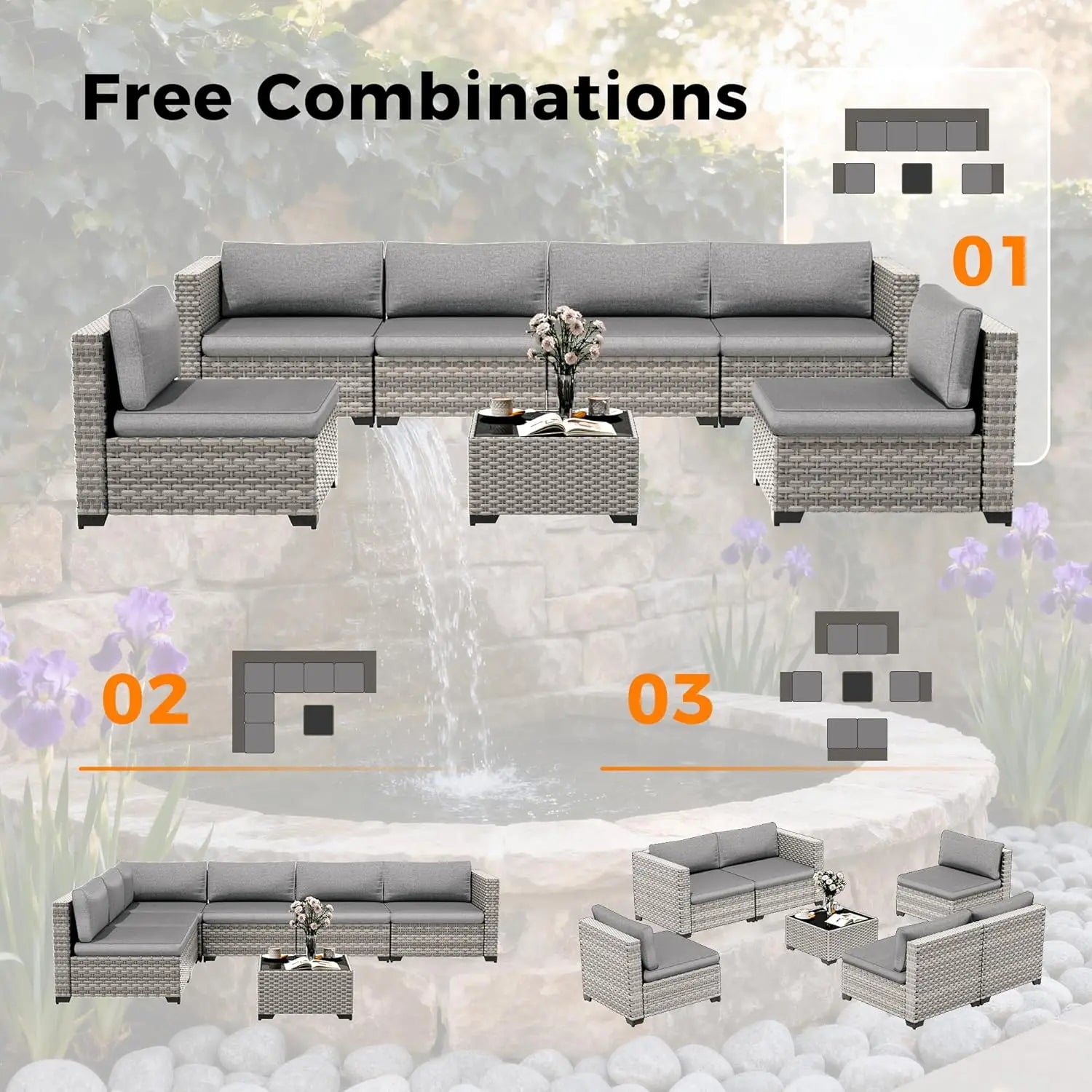 6-Seat Outdoor Wicker Sectional Sofa Set with Thick 4-Inch Cushions Dual-Strand PE Rattan Customizable Modular Patio Furniture