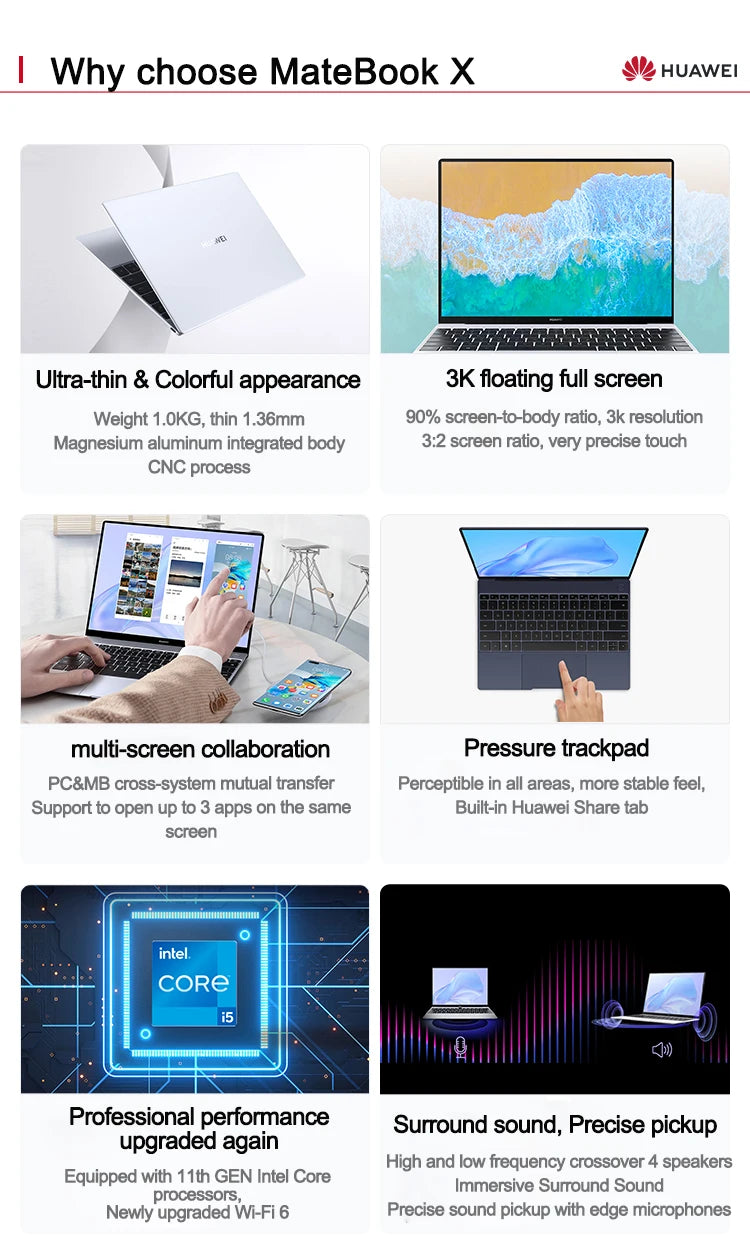 2022 HUAWEI MateBook X Laptop i5-1130G7/i7-1160G7 16GB512GB/1T Notebook 13 Inch 3k LTPS TouchScreen Netbook Iris Xe Graphics SSD